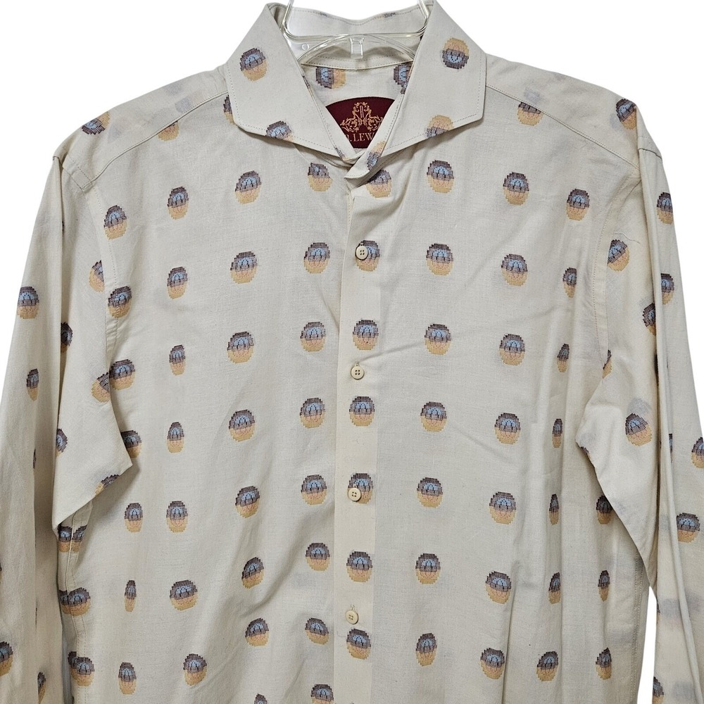 R. Lewis Contemporary Button Down Shirt Men 16.5 34/35 Cream Embroidered Retro